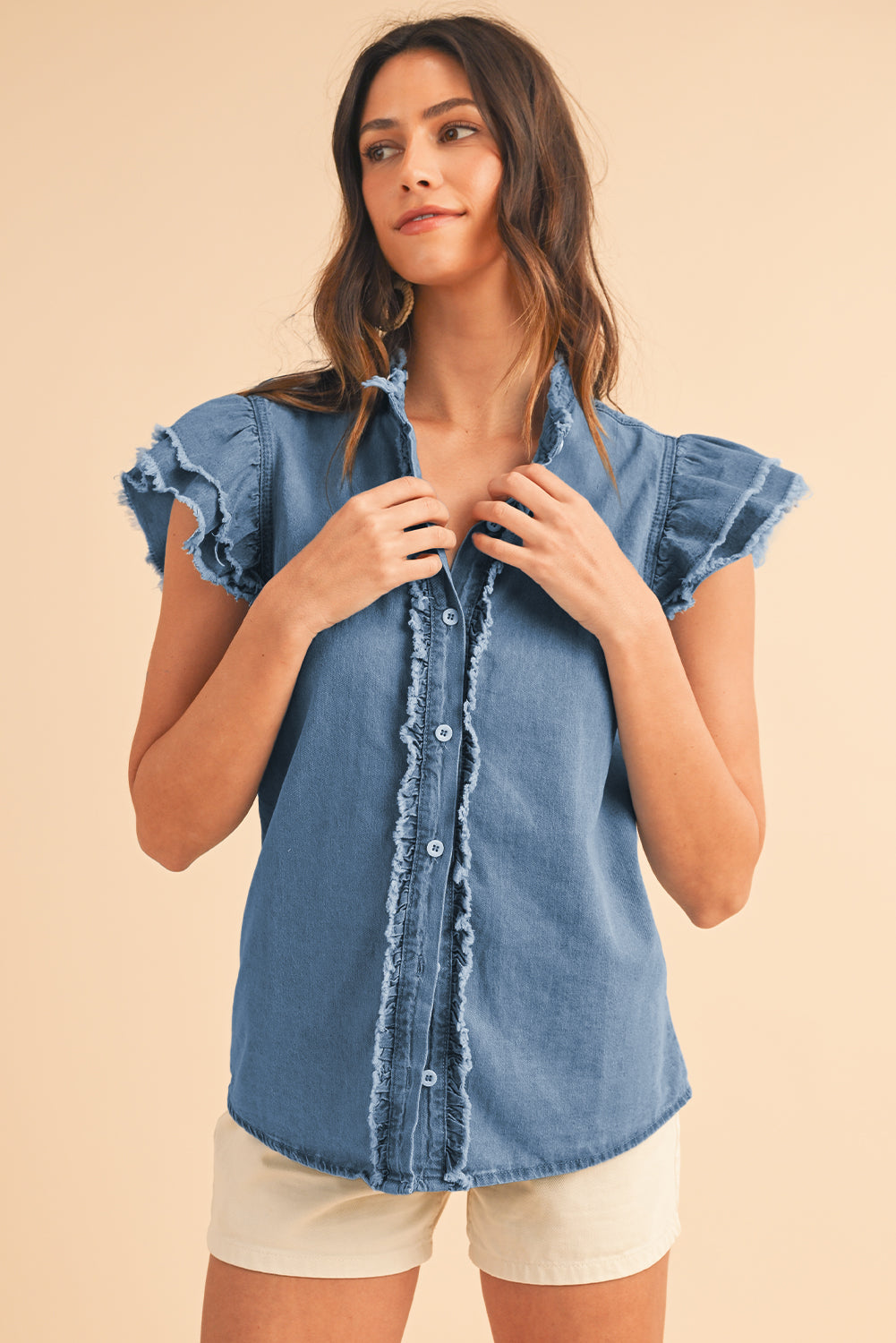 Beau Blue Button Front Ruffled Flutter Frayed Denim Top