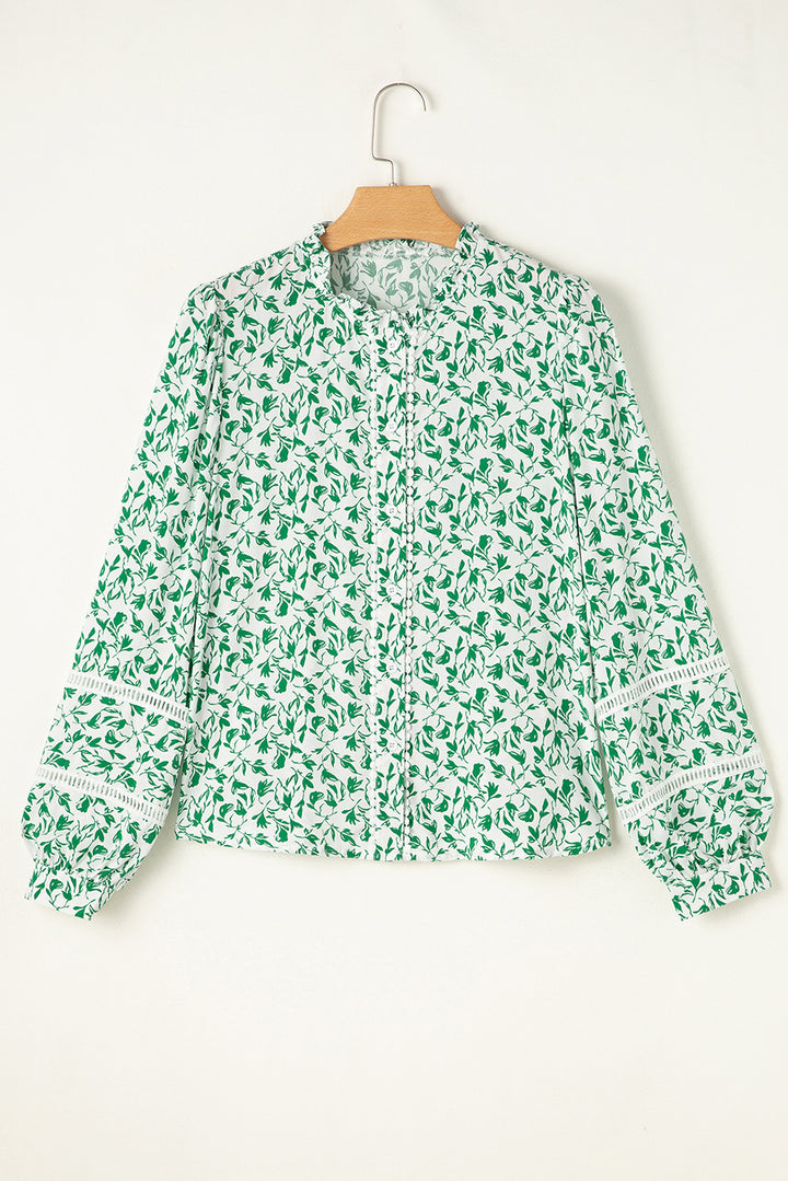 Green Printed Lace Detail Floral Puff Sleeve Fall Shirt