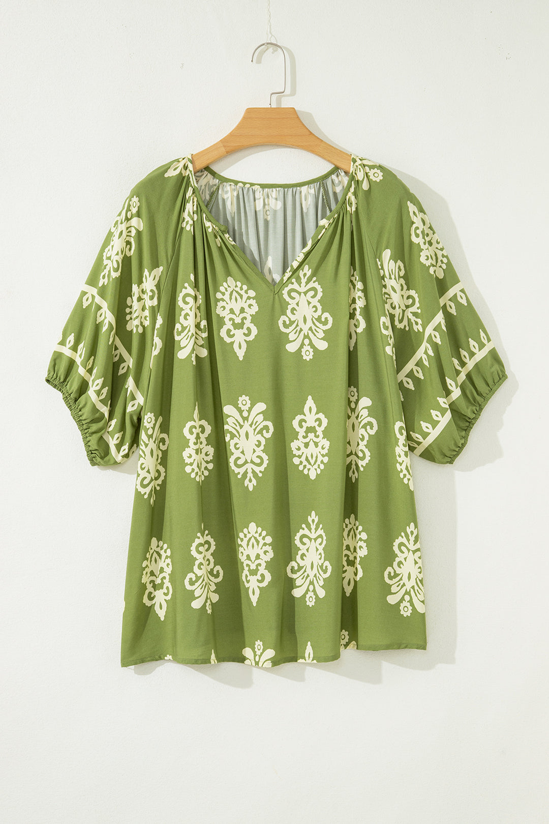 Green Boho Chic Notched V Neck Plus Floral Short Sleeve Top - Lulubelles Clothing and Accessories