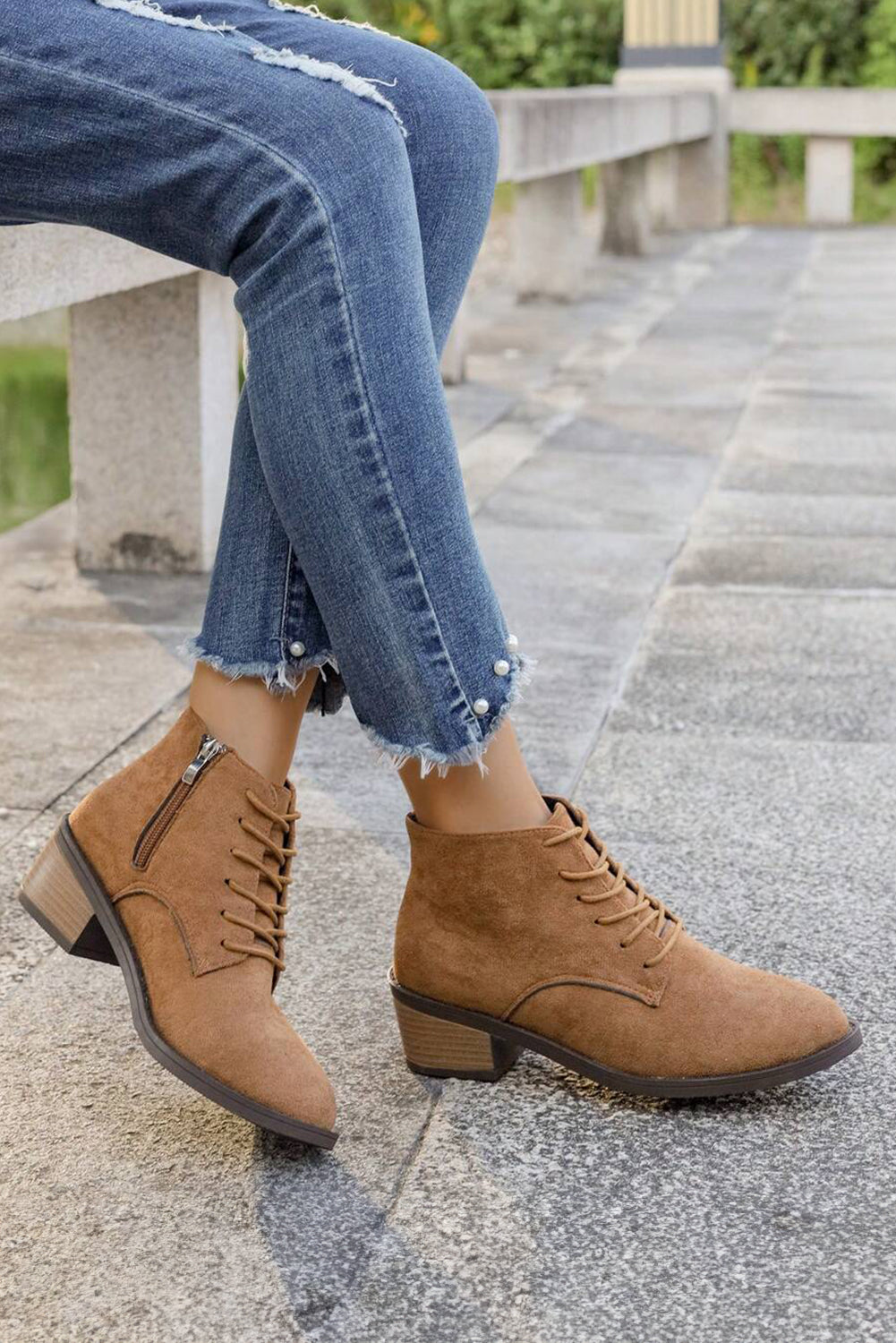 Chestnut Suede Zip Side Lace Up Ankle Boots
