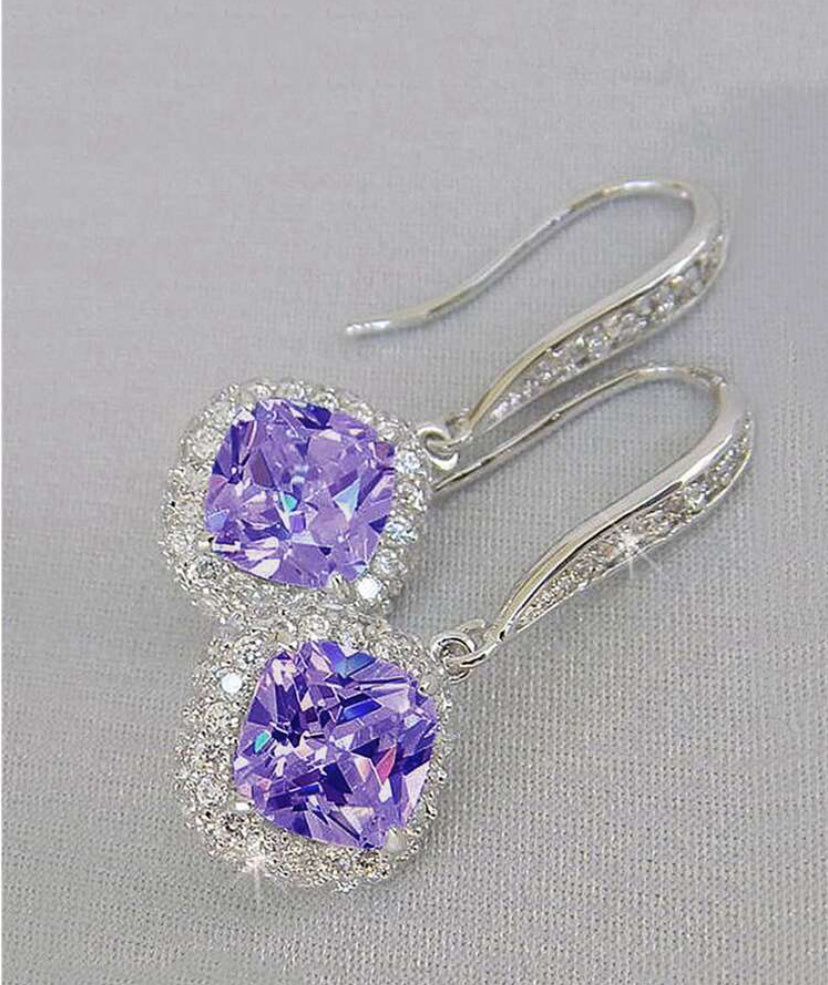 Round Silver Purple Diamonte Drop Earrings