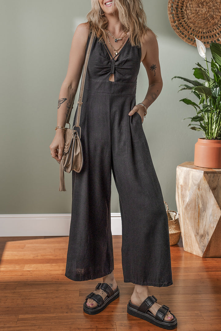 Black Front Cut Out Smocked Back Sleeveless Wide Leg Jumpsuit