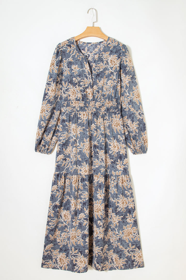 Sky Blue Floral Print Smocked High Waist Long Sleeve Maxi Dress