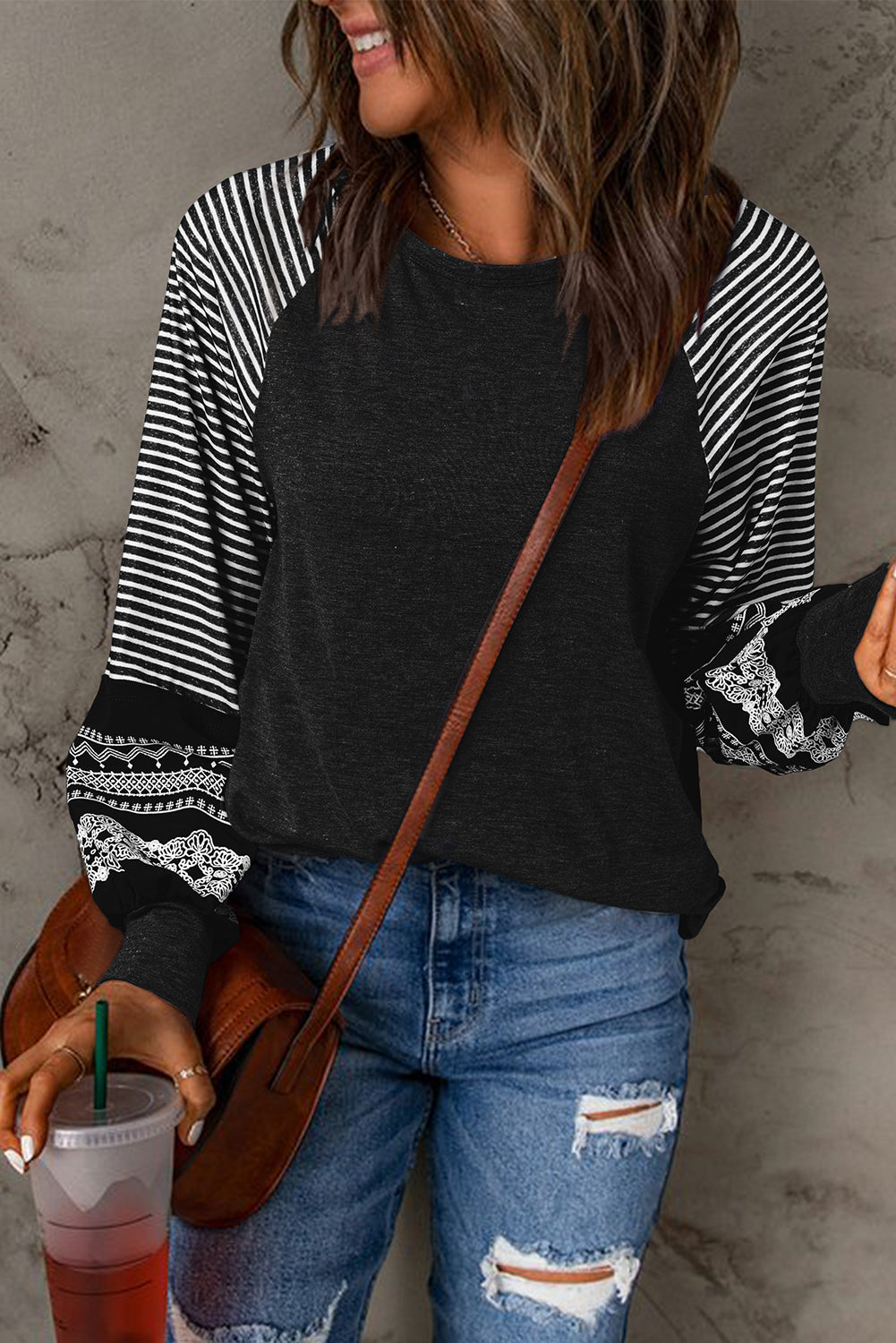 Navy Blue Contrast Print Striped Raglan Long Sleeve Loose Top