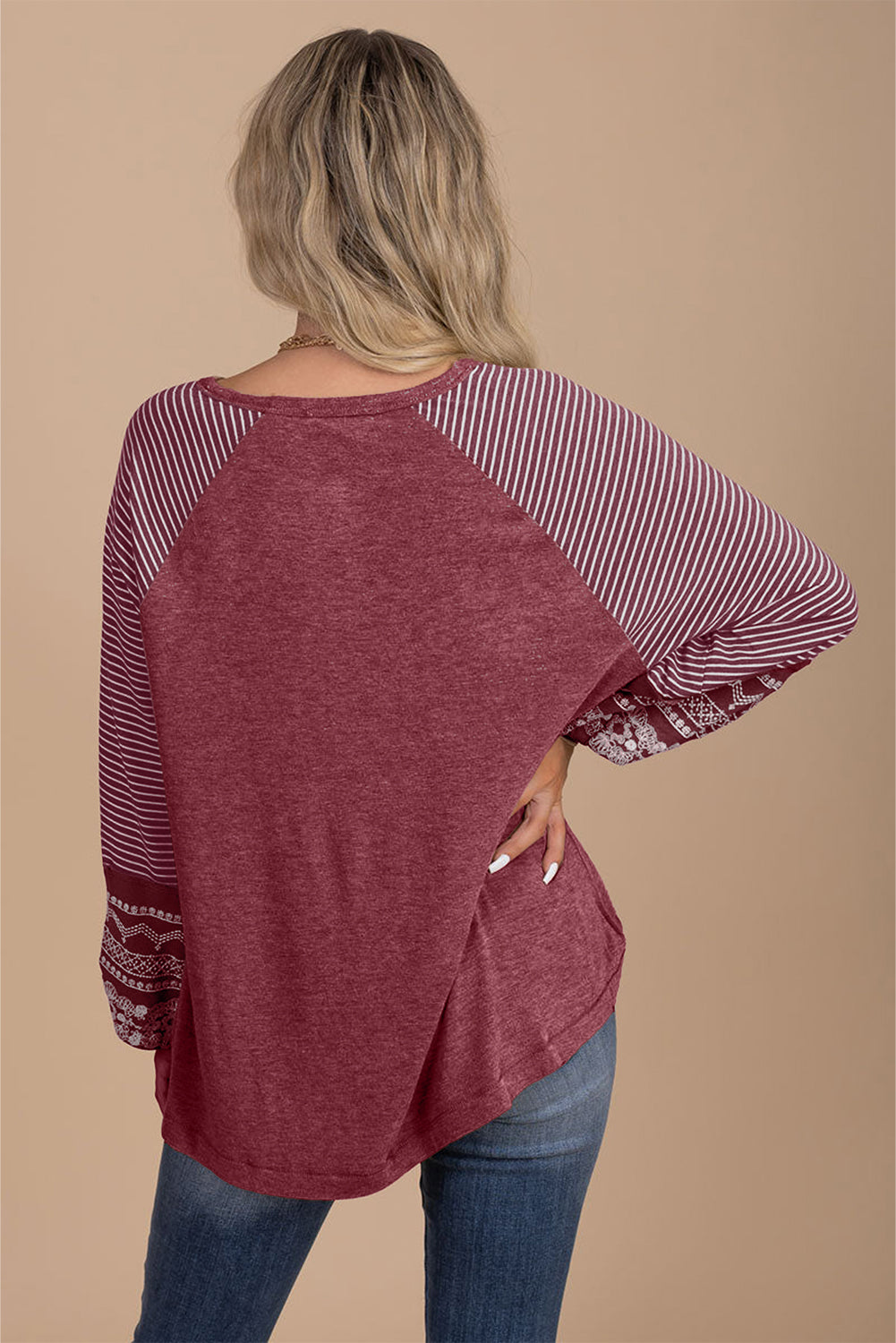 Navy Blue Contrast Print Striped Raglan Long Sleeve Loose Top
