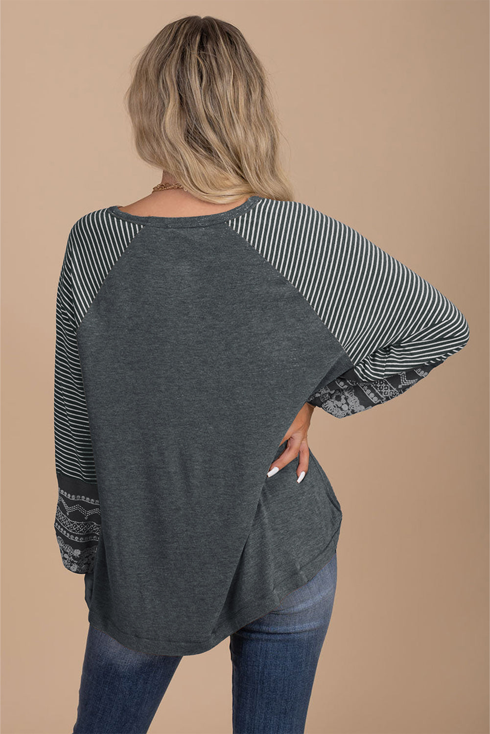 Navy Blue Contrast Print Striped Raglan Long Sleeve Loose Top