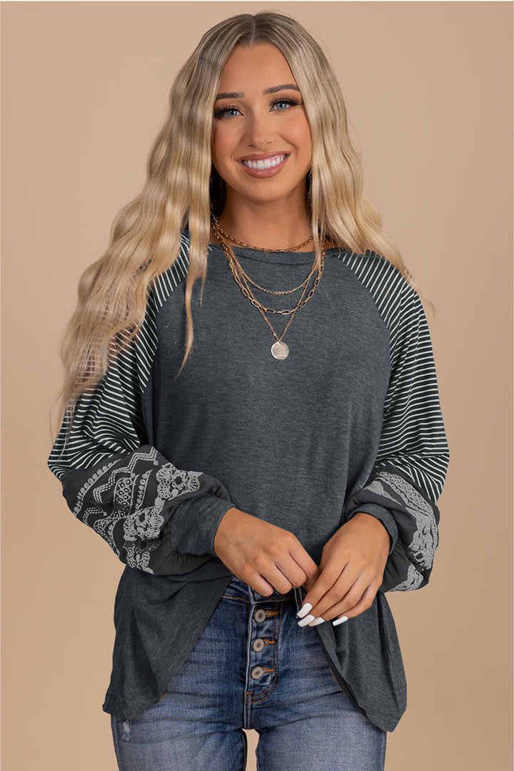 Navy Blue Contrast Print Striped Raglan Long Sleeve Loose Top