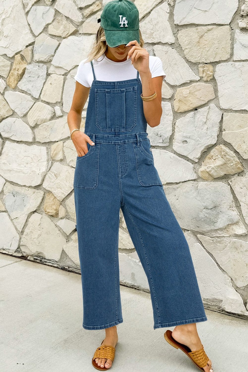 Dusk Blue Adjustable Tie Straps Cropped Wide Leg Casual Denim Overalls