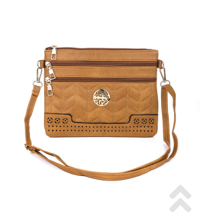 Caramel Boho Engraved double zip horizontal clutch shoulder Bag with strap