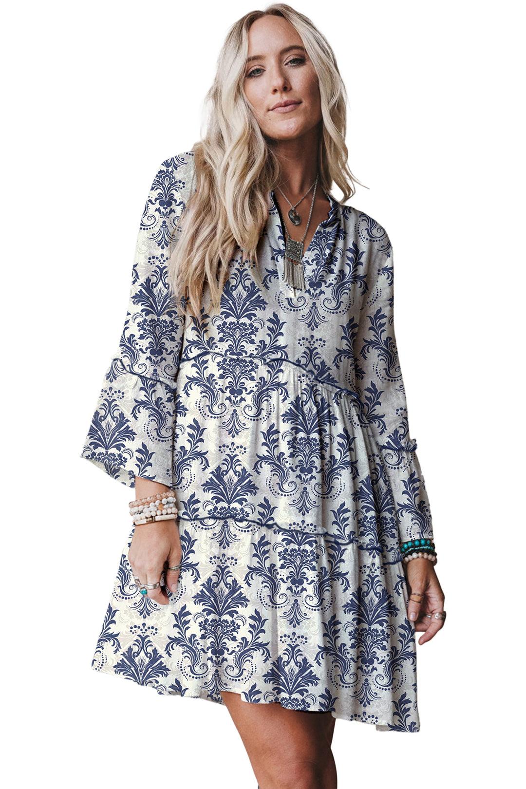 Sky Blue Boho Floral Print Lettuce Trim 3/4 Sleeve Mini Dress - Lulubelles Clothing and Accessories