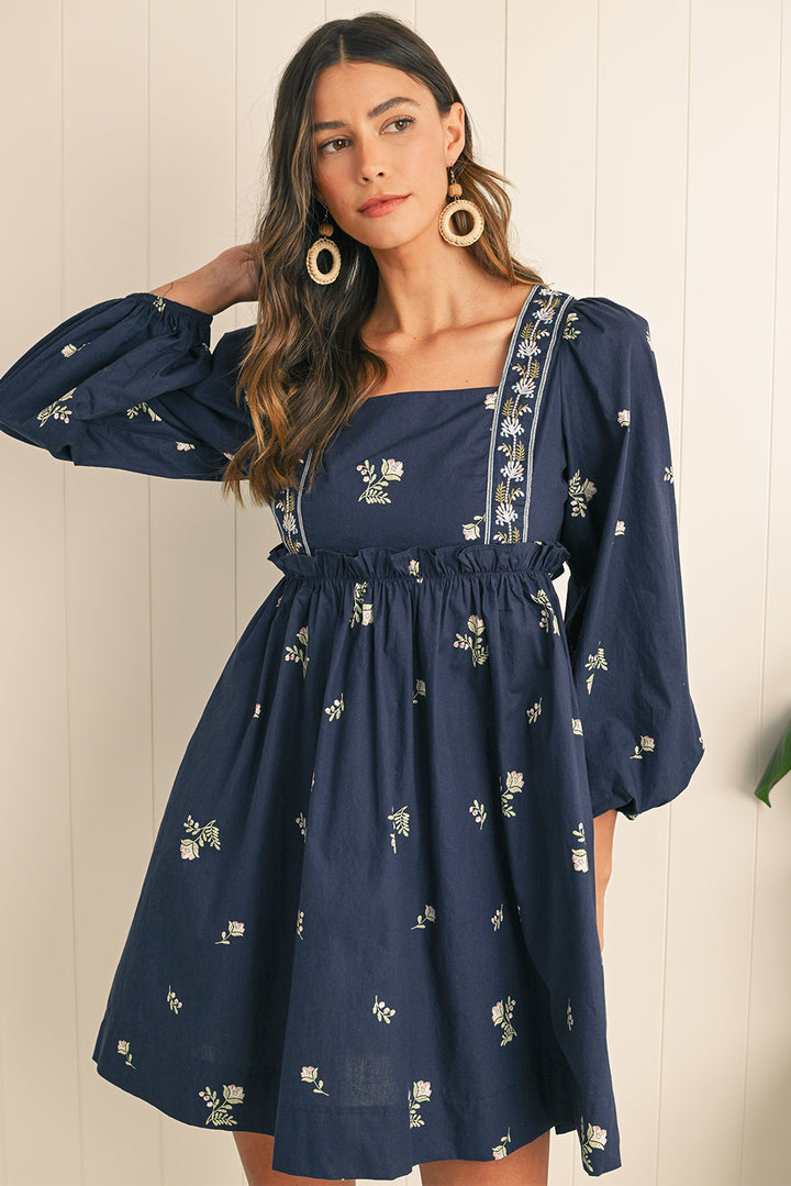 Blue Floral Print Puff Sleeve Babydoll Dress