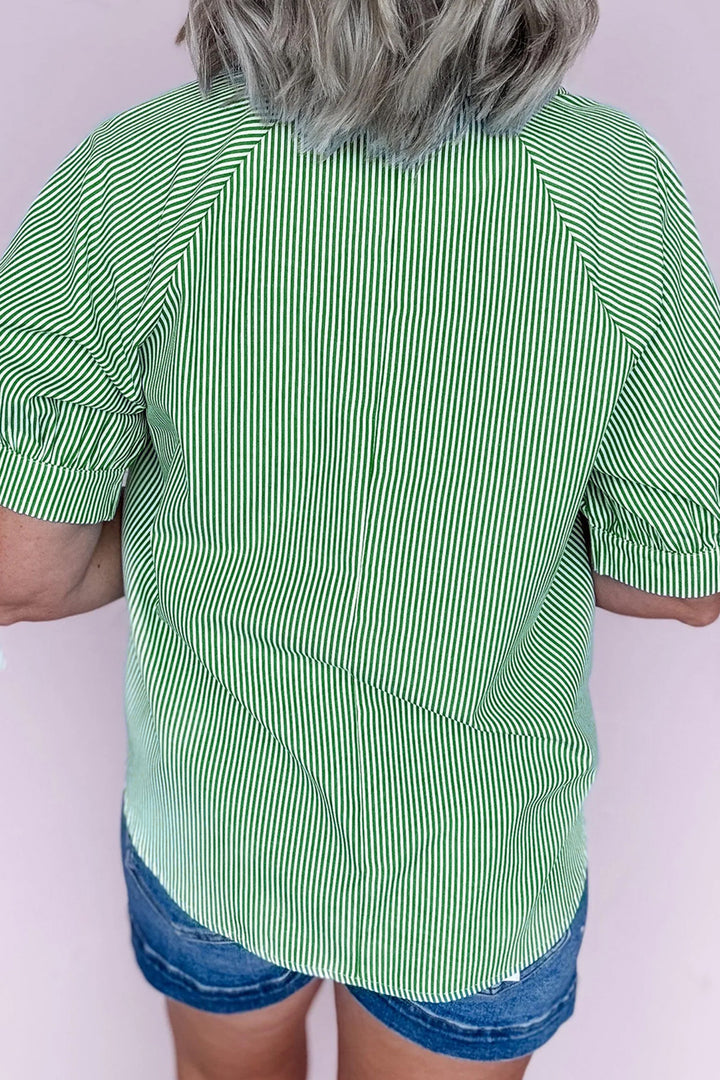 Mint Green Striped Print Collared Split Neck Half Sleeve Blouse - Lulubelles Clothing and Accessories
