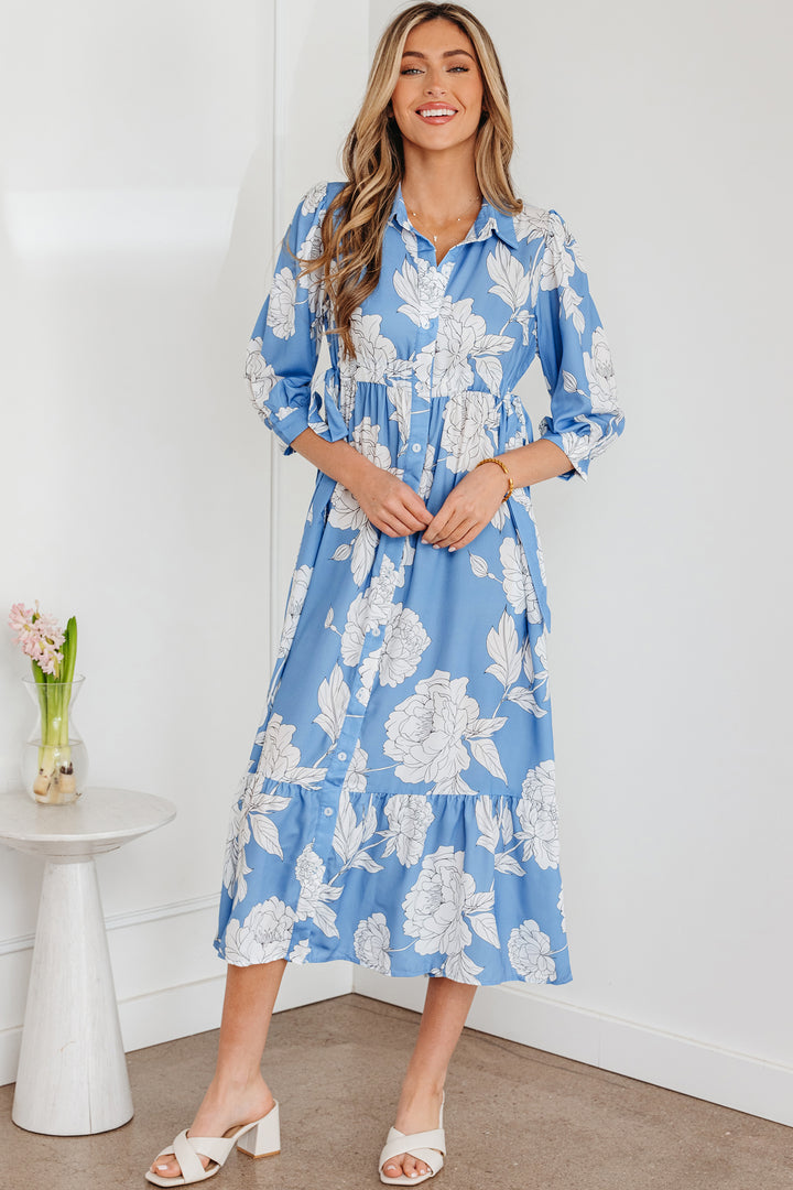 Sky Blue Floral Print Shirt Collar Button Down 3/4 Sleeve Ruffle Hem Long Dress - Lulubelles Clothing and Accessories