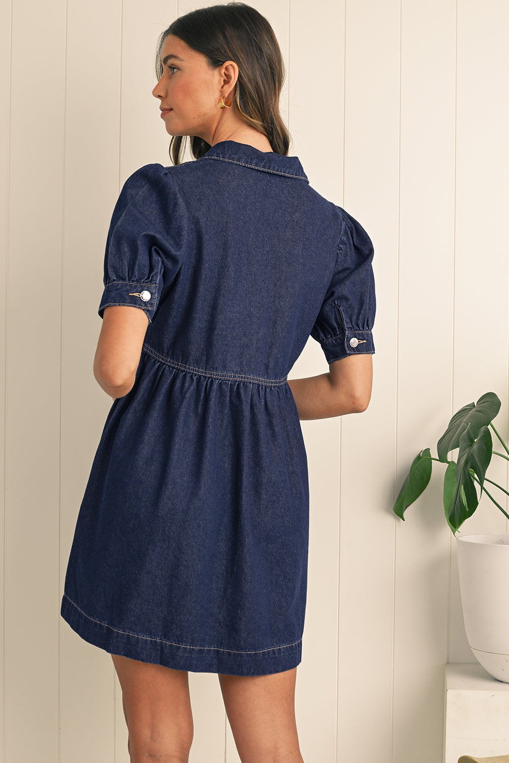 Dirty Blue Puff Sleeve Half Zipper Denim Flowy Dress