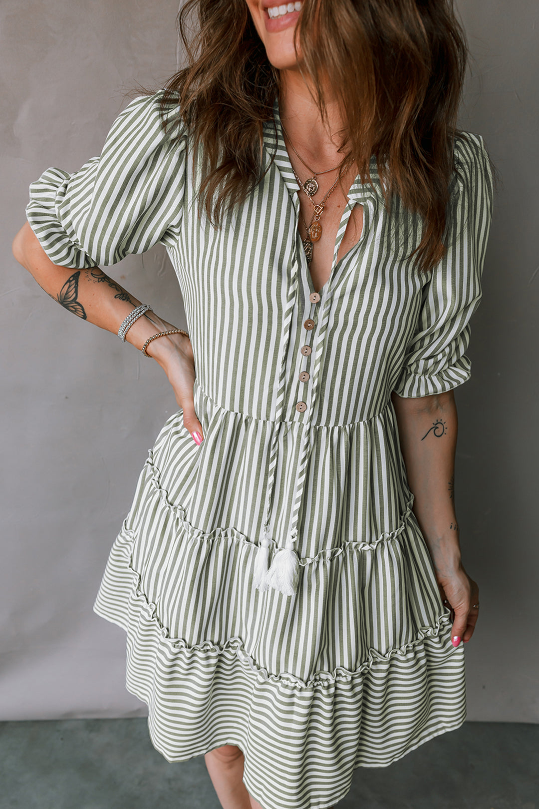Green Stripe Tasseled Tie Neck Ruffled Short Sleeve Tiered Flattering Dress - Lulubelles Clothing and Accessories