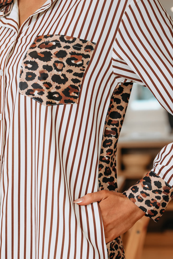 Brown Stripe Contrast Leopard Patchwork Long Shirt Dress with Slits - Lulubelles Clothing and Accessories