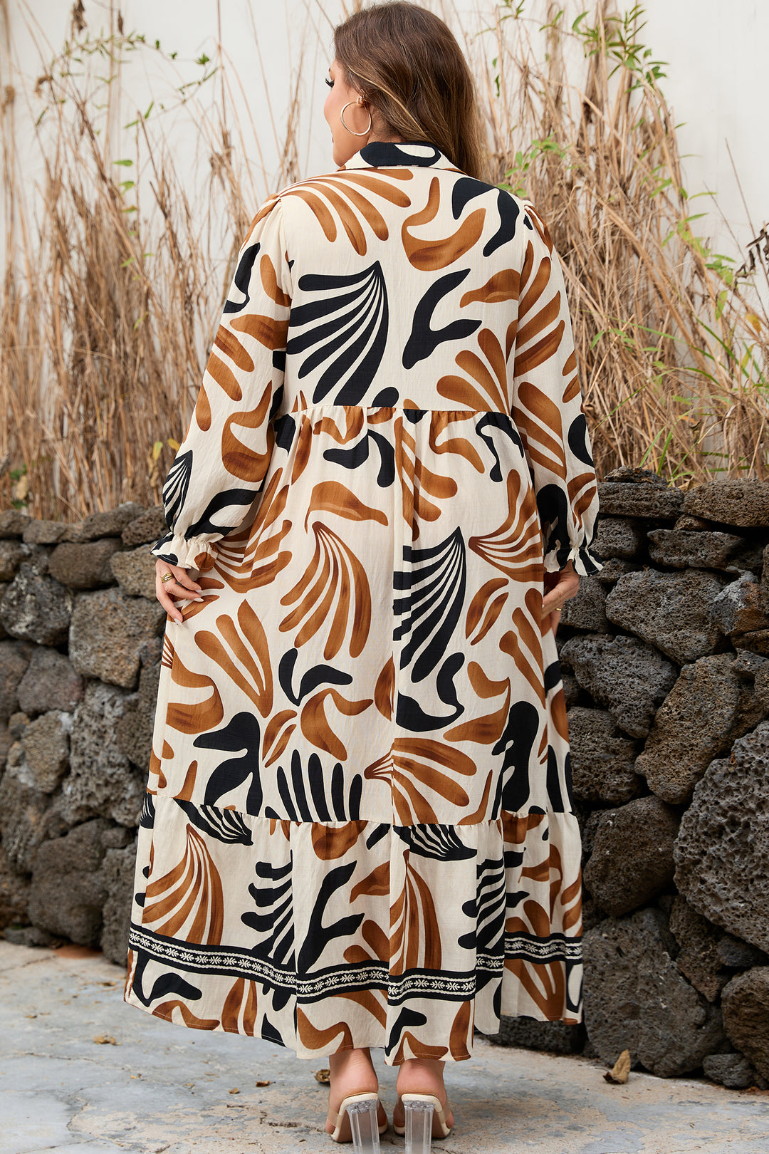 White Plus Size Abstract Print Contrast Collar Split Neck Shift Long Dress - Lulubelles Clothing and Accessories