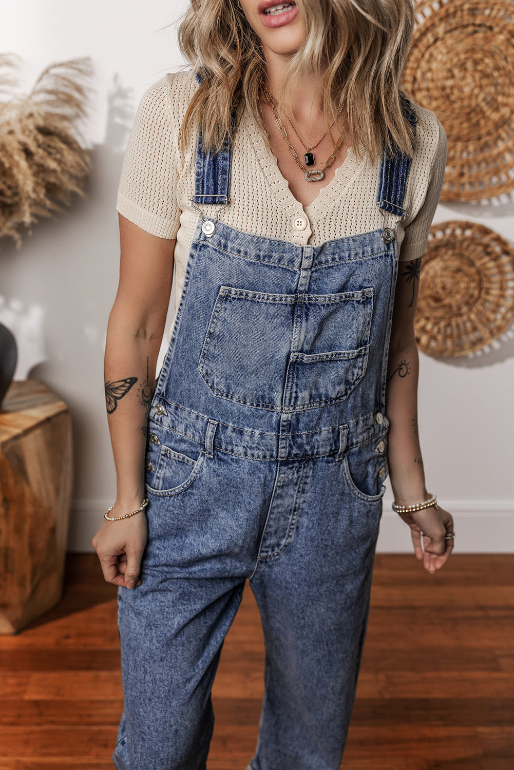 Sail Blue Denim Bib Straight Leg Jumpsuit with Pockets - Lulubelles Clothing and Accessories