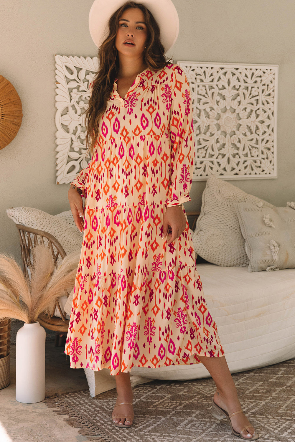 Orange Western Abstract Geometric Printed Maxi Dress - Lulubelles Clothing and Accessories