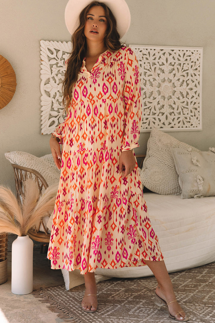 Orange Western Abstract Geometric Printed Maxi Dress - Lulubelles Clothing and Accessories