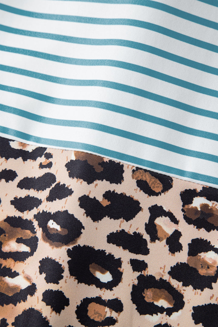 Sky Blue Stripe Contrast Leopard Patchwork Long Shirt Dress with Slits - Lulubelles Clothing and Accessories