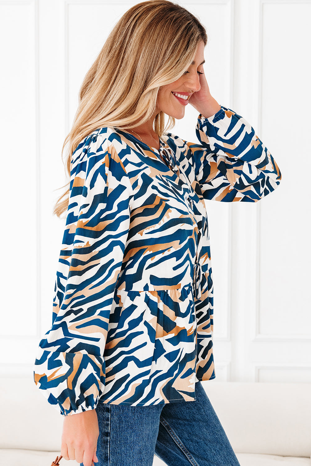 Blue Zebra Print Tied Front Puff Sleeve Top - Lulubelles Clothing and Accessories