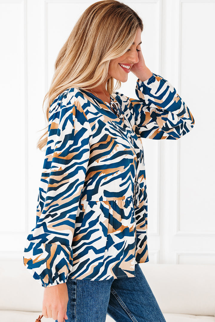 Blue Zebra Print Tied Front Puff Sleeve Top - Lulubelles Clothing and Accessories