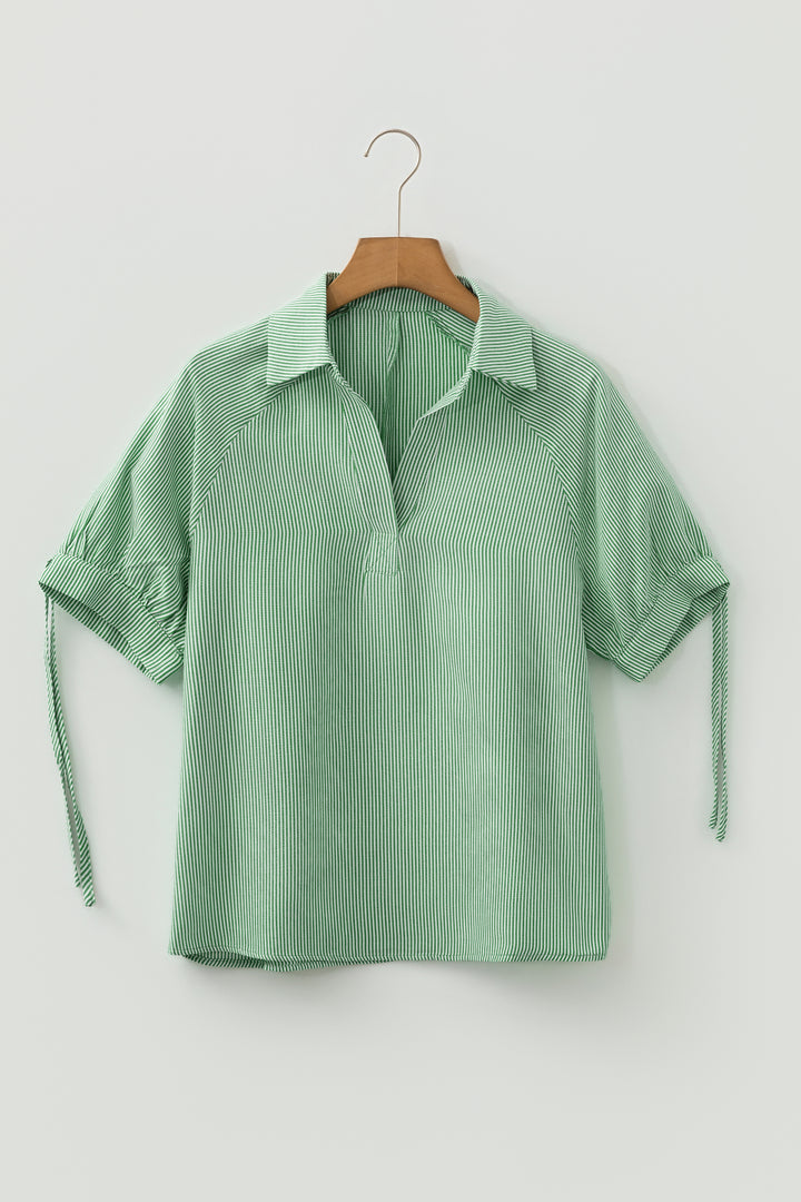 Mint Green Striped Print Collared Split Neck Half Sleeve Blouse - Lulubelles Clothing and Accessories