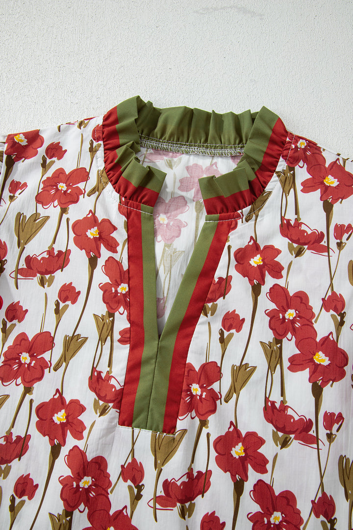 Red Floral Print Contrast Trim V Neck Double Ruffled Short Sleeve Blouse - Lulubelles Clothing and Accessories