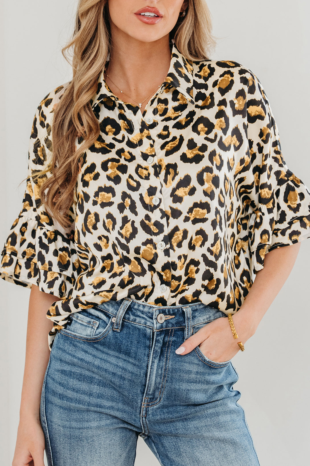 Khaki Leopard Print Ruffle Trim 3/4 Sleeve Loose Shirt - Lulubelles Clothing and Accessories