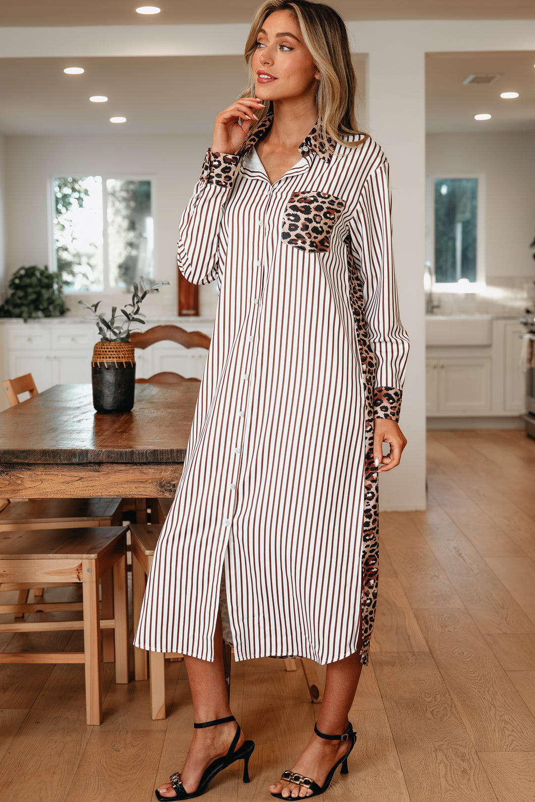 Brown Stripe Contrast Leopard Patchwork Long Shirt Dress with Slits - Lulubelles Clothing and Accessories