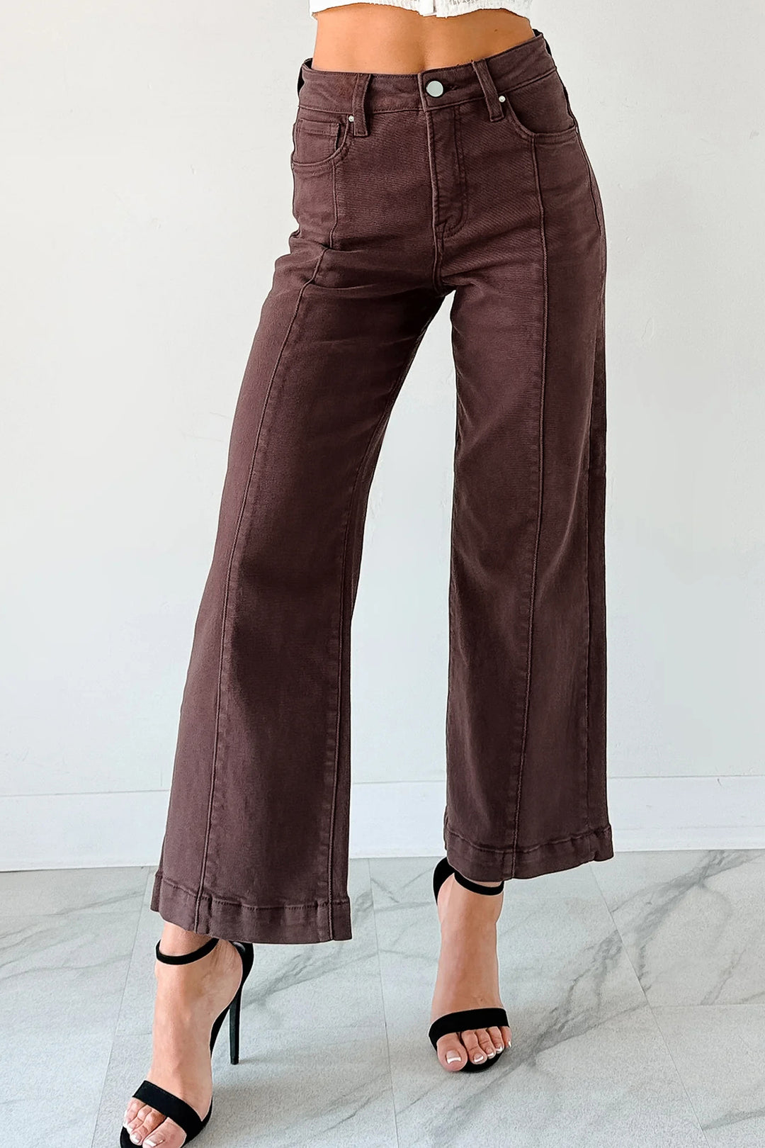 Red Sandalwood Solid Color Seamed Center Wide Leg Cropped Jeans - Lulubelles Clothing and Accessories