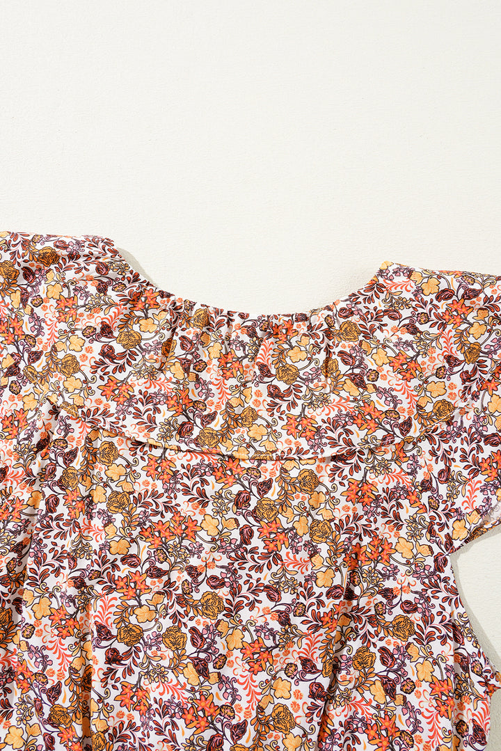 Red Floral Print Knot V Neck Ruffled Sleeve Blouse