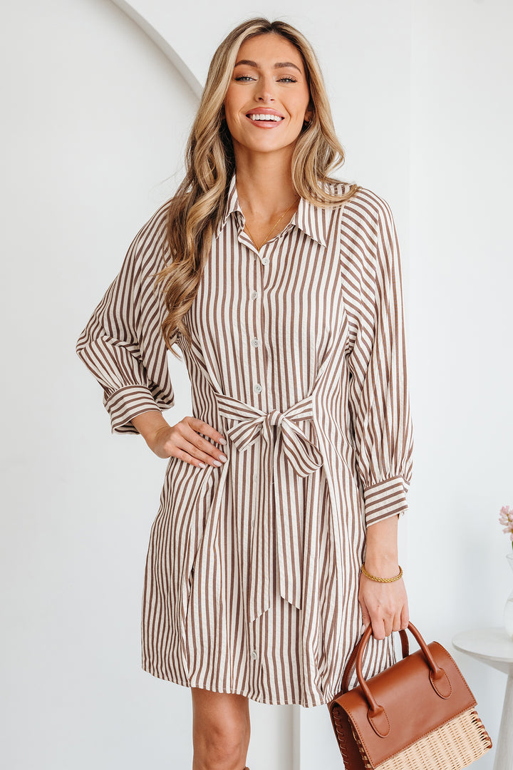 Brown Stripe Knot Waist Puff Sleeve Button Down Mini Shirt Dress - Lulubelles Clothing and Accessories