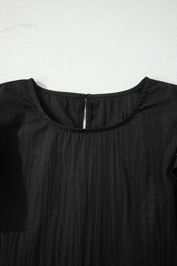 Black Contrast Trim Dual Ruffle Short Sleeve Textured Blouse - Lulubelles Clothing and Accessories