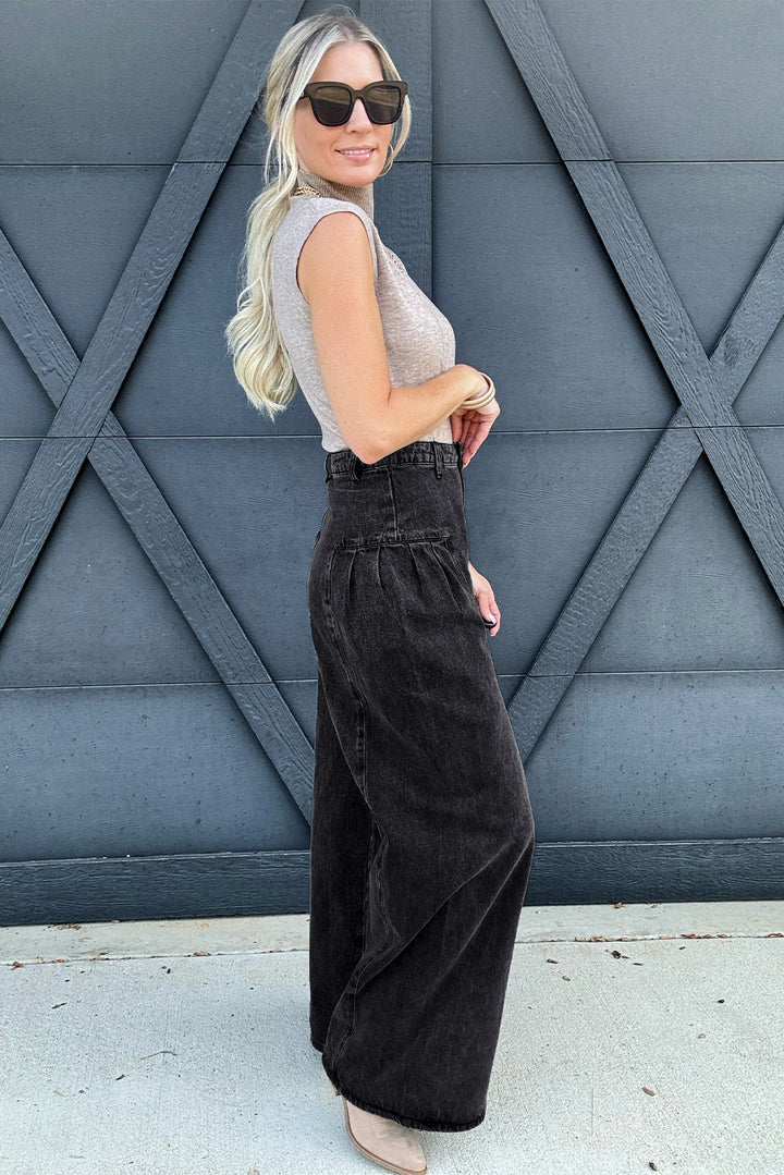 Dark Grey Pleated Wide Leg Mineral Wash Jeans