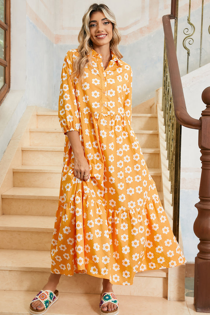 Yellow Flower Print Bracelet Sleeve Buttons Collared Maxi Dress