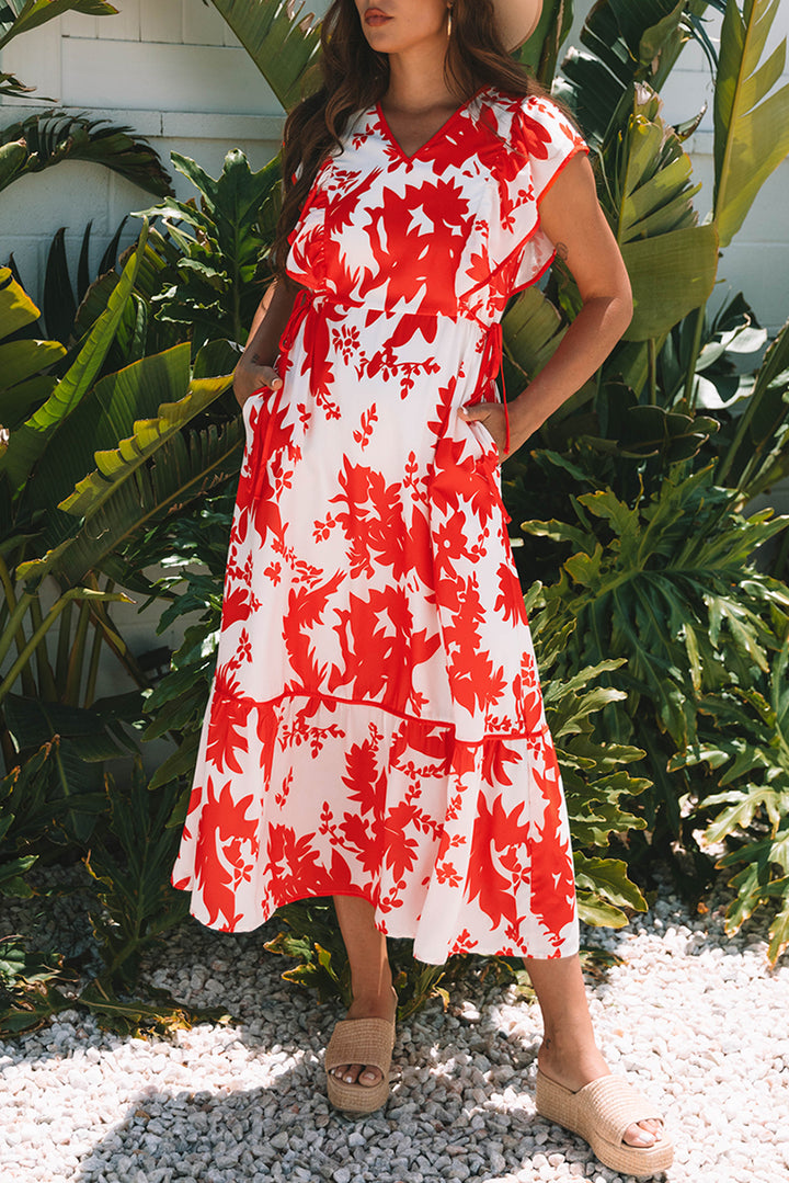 Red Floral Print Trimmed V Neck Ruffle Sleeve Long Dress - Lulubelles Clothing and Accessories