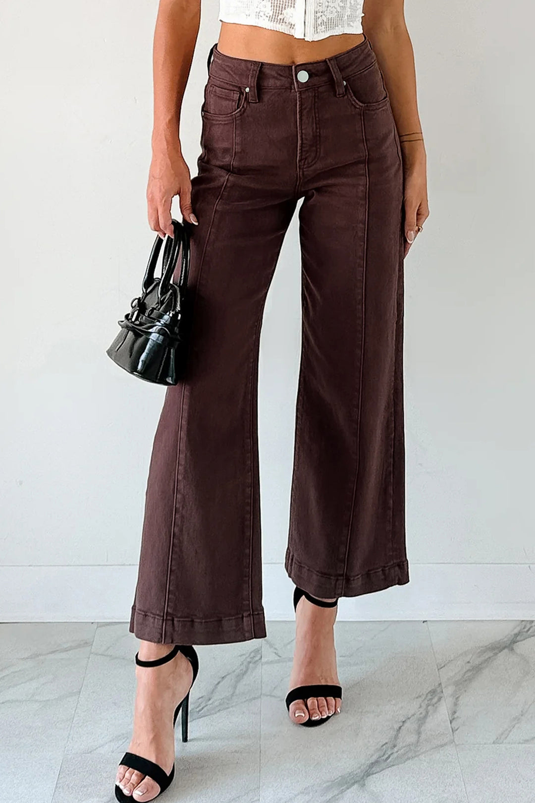 Red Sandalwood Solid Color Seamed Center Wide Leg Cropped Jeans - Lulubelles Clothing and Accessories