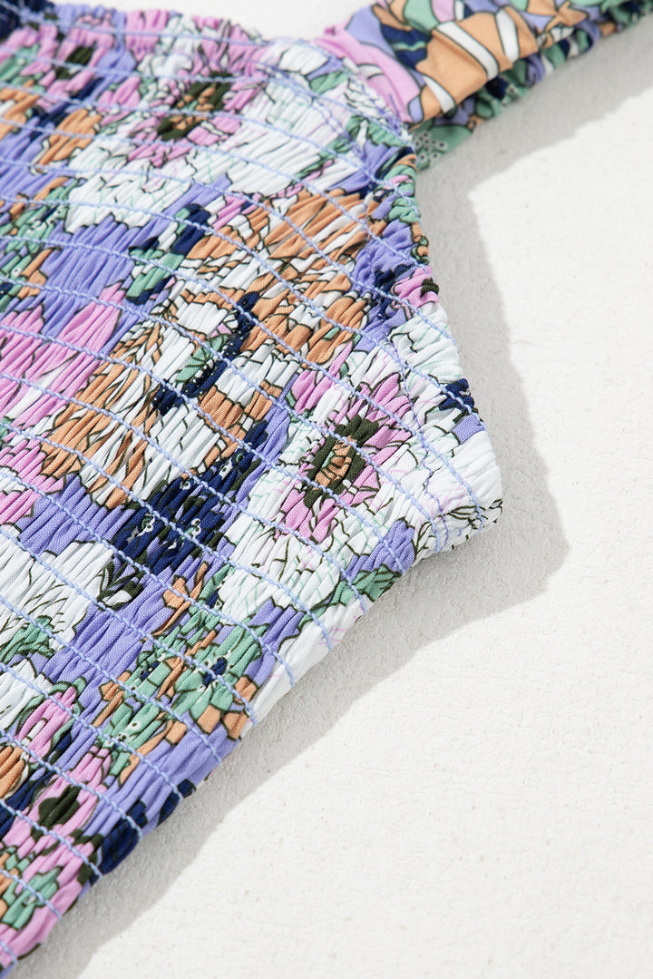 Purple Floral Print Smocked High Waist Square Neck Jumpsuit - Lulubelles Clothing and Accessories