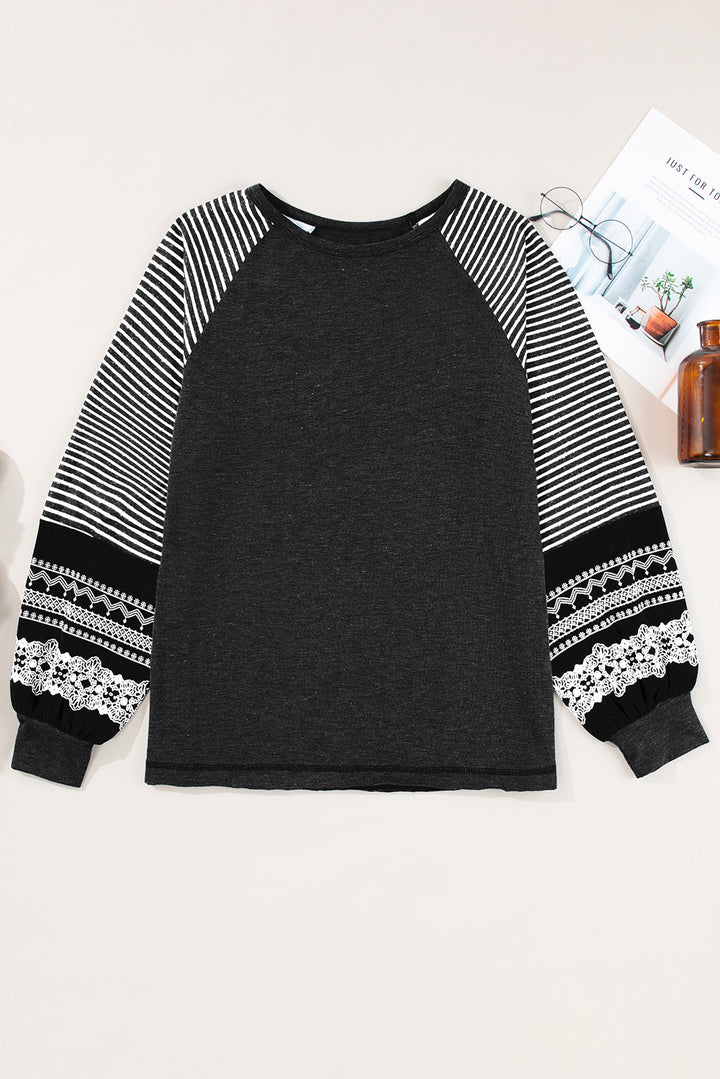 Navy Blue Contrast Print Striped Raglan Long Sleeve Loose Top