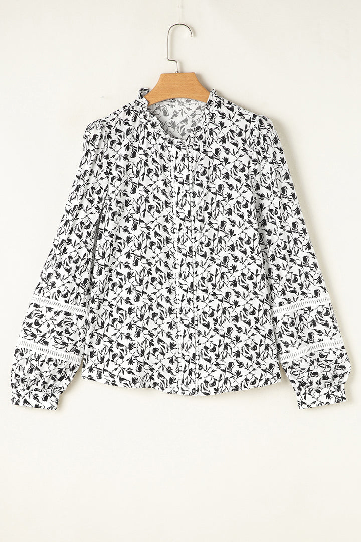 Black Printed Lace Detail Floral Puff Sleeve Fall Shirt