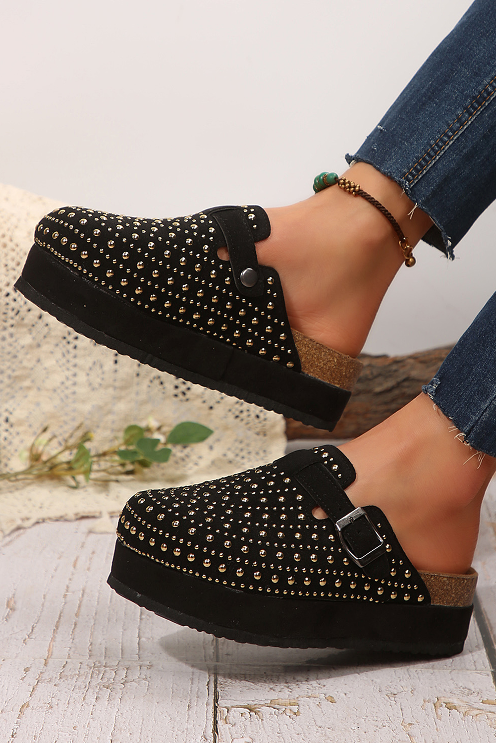 Parchment Vintage Studded Platform Slippers - Lulubelles Clothing and Accessories