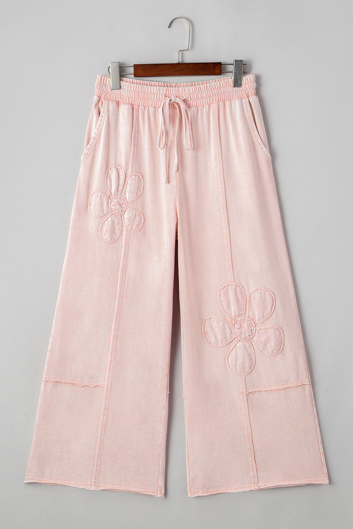 Pink Flower Patch Mineral Washed Cropped Wide Leg Pants - Lulubelles Clothing and Accessories