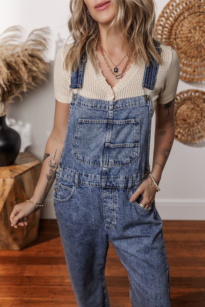 Sail Blue Denim Bib Straight Leg Jumpsuit with Pockets - Lulubelles Clothing and Accessories