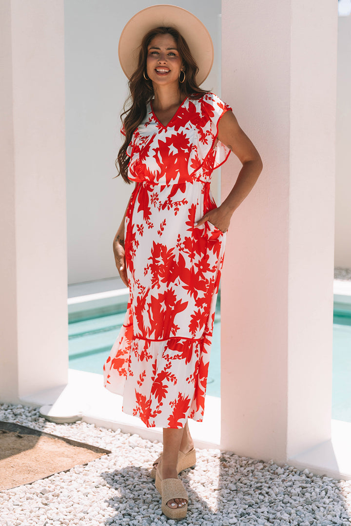 Red Floral Print Trimmed V Neck Ruffle Sleeve Long Dress - Lulubelles Clothing and Accessories