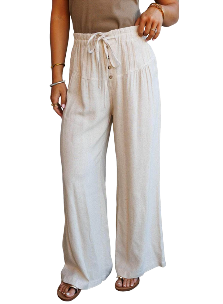 Jet Stream Drawstring Elastic Waist Button Pleated Detail Wide Leg Pants - Lulubelles Clothing and Accessories