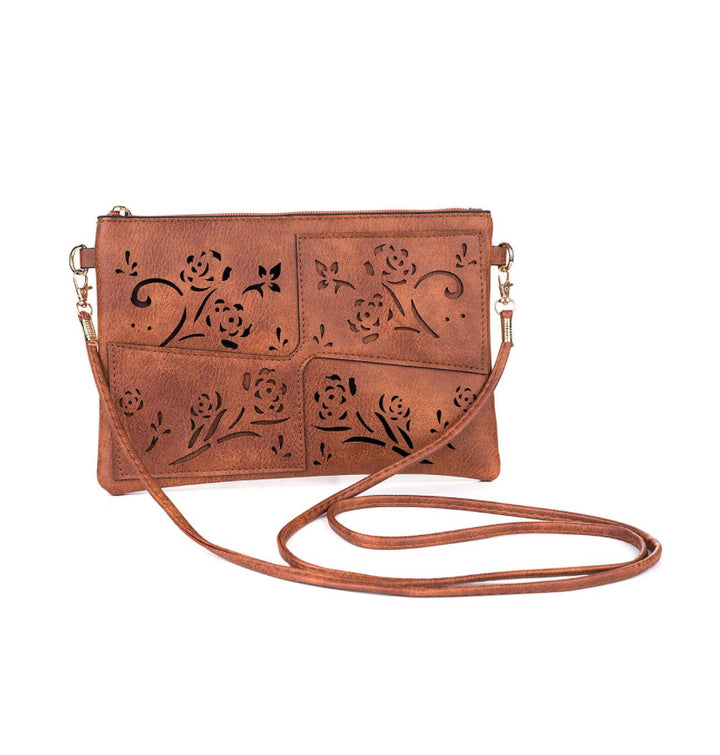 Caramel Engraved horizontal clutch shoulder Bag with strap