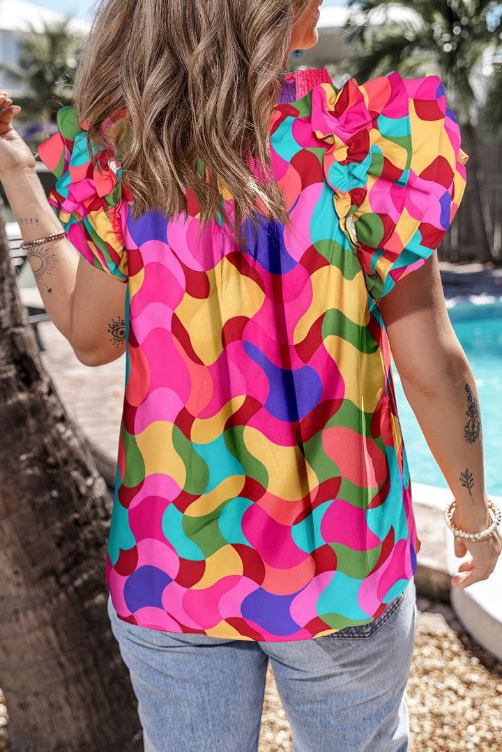 Rose Red Dramatic Ruffle Sleeve Smock Neck Wavy Print Top - Lulubelles Clothing and Accessories