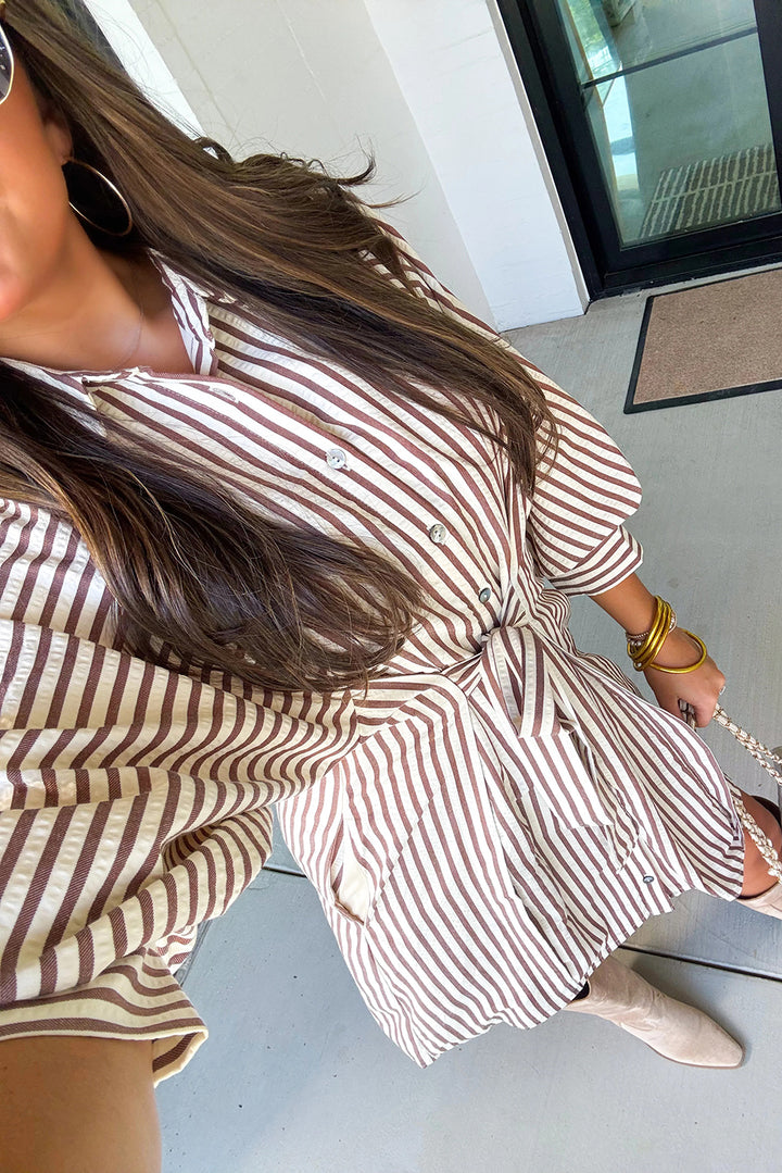 Brown Stripe Knot Waist Puff Sleeve Button Down Mini Shirt Dress - Lulubelles Clothing and Accessories